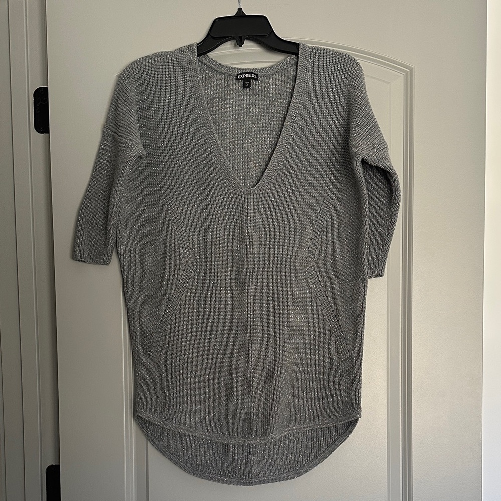 Express V-Neck Short Sleeve Gray Sweater with silver flecks